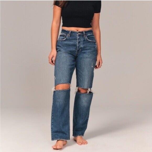 Abercrombie 90’s Baggy Low Rise Jeans in Dark Destroy Wash Size 27/4R - Picture 3 of 10